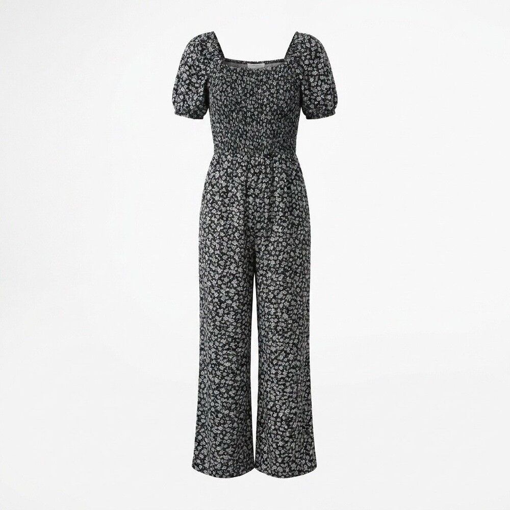 Art Class Jumpsuit Youth 10/12 Black White Floral Maxi Stretch 20" Inseam Pants